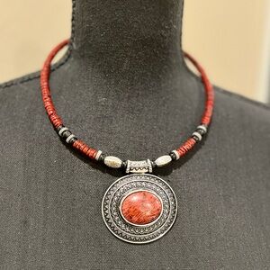 Southwest Aztec Silver Tone Statement Red Beaded Necklace 15” + 3”